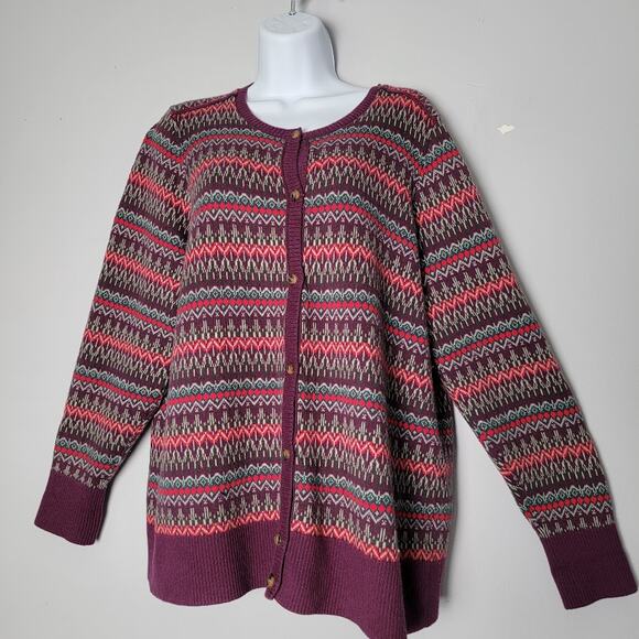 LL Bean Fair Isle Cardigan Sweater Women’s LP  Purple Multicolor Cotton Cashmere - Picture 1 of 9